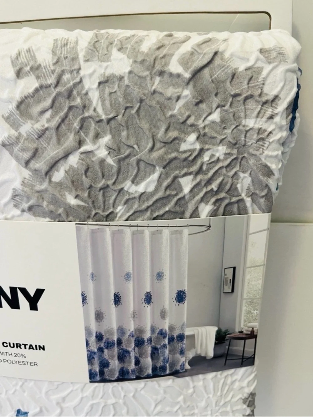 DKNY Brushstroke Floral Microsculpt Shower Curtain White Blue Gray 72” x 72”